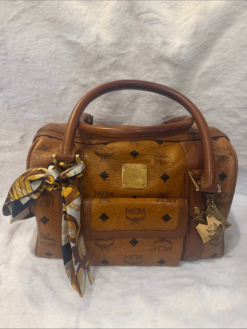 MCM Cognac Monogram Visetos Satchel with Gold Charms
